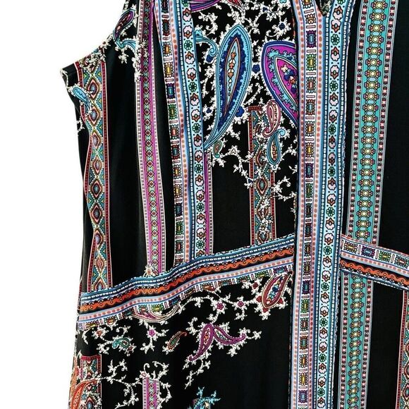 Nicole by Nicole Miller ring keyhole neck placed print bright on black sleeveles - Picture 6 of 14